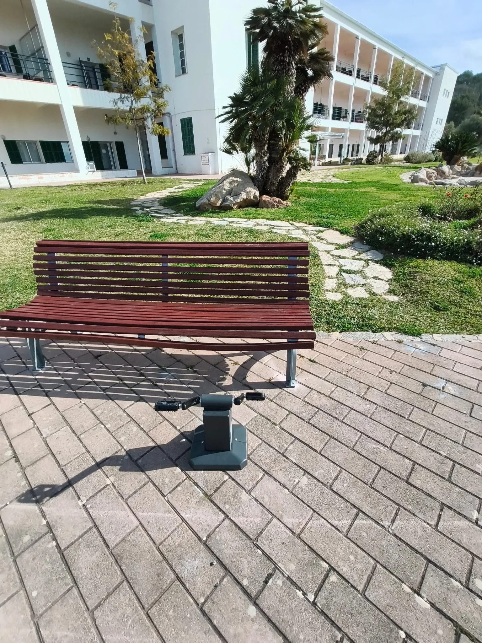 Wood and metal bench on a paved path next to a garden