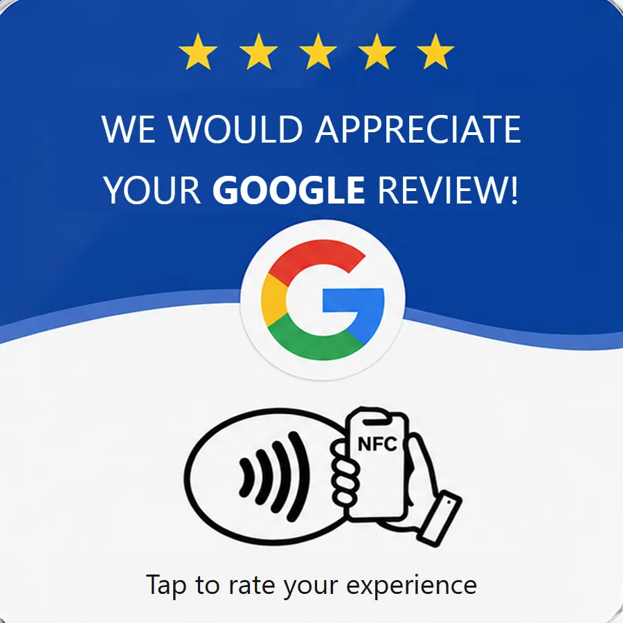 NFC card in English: “We would appreciate your Google review!”.