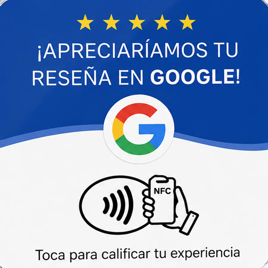 The same card in Spanish: “¡Apreciaríamos tu reseña en Google!”.