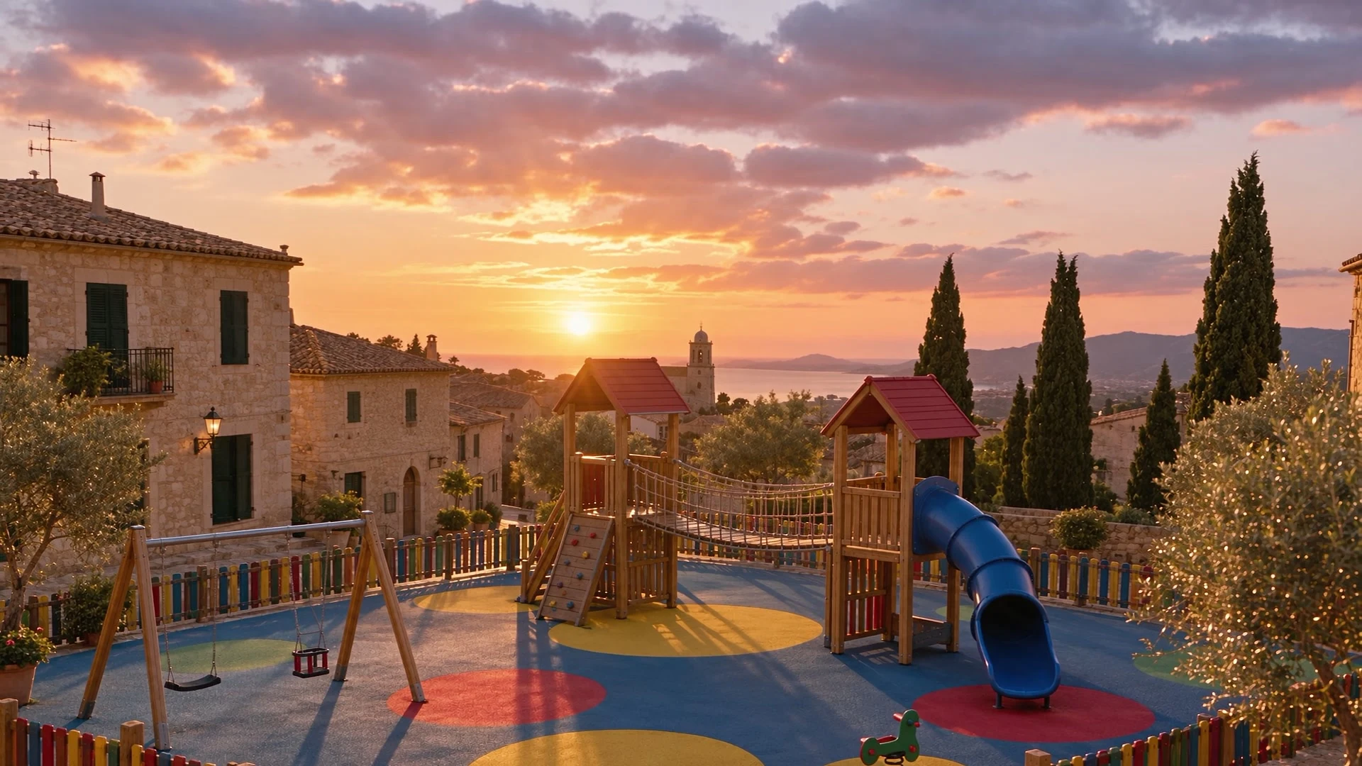 Visualización con IA de un parque infantil de madera con caucho de colores en una plaza de piedra de Mallorca al atardecer