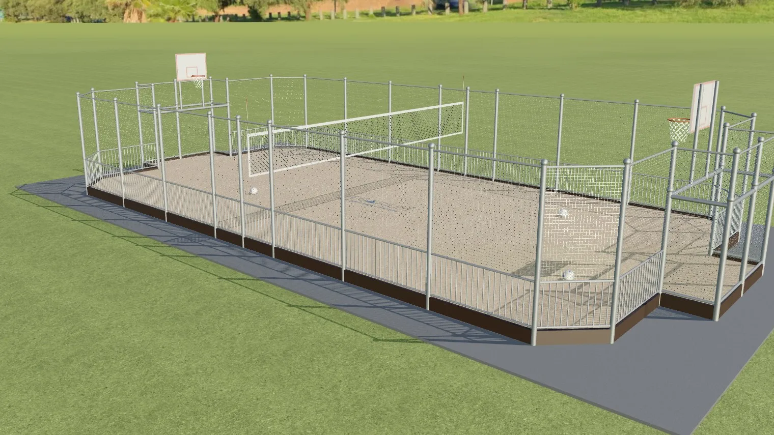 Configurator render: beach soccer court with fencing, baskets and a volleyball net