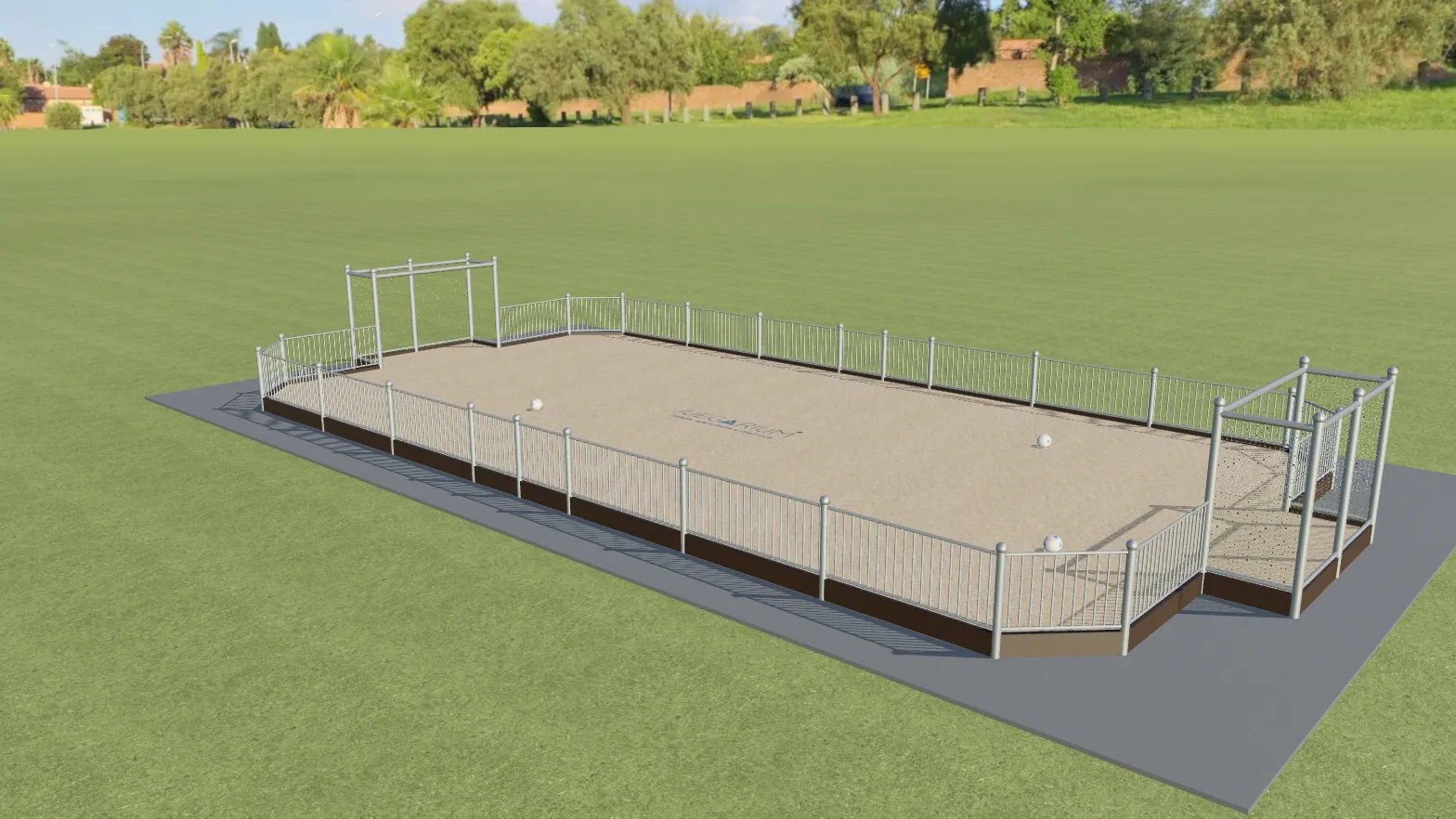 Render of a beach soccer court with sand, bar fencing and caged goals.
