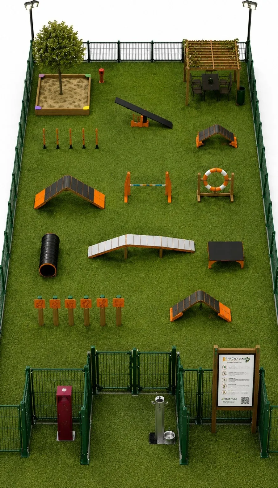 Render cenital del recinto canino tipo: arenero, zona social con pérgola, circuito Agility, fuente y acceso con doble puerta