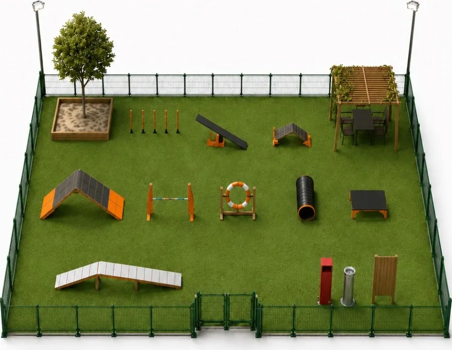 Render orientativo del recinto canino modular con circuito Agility