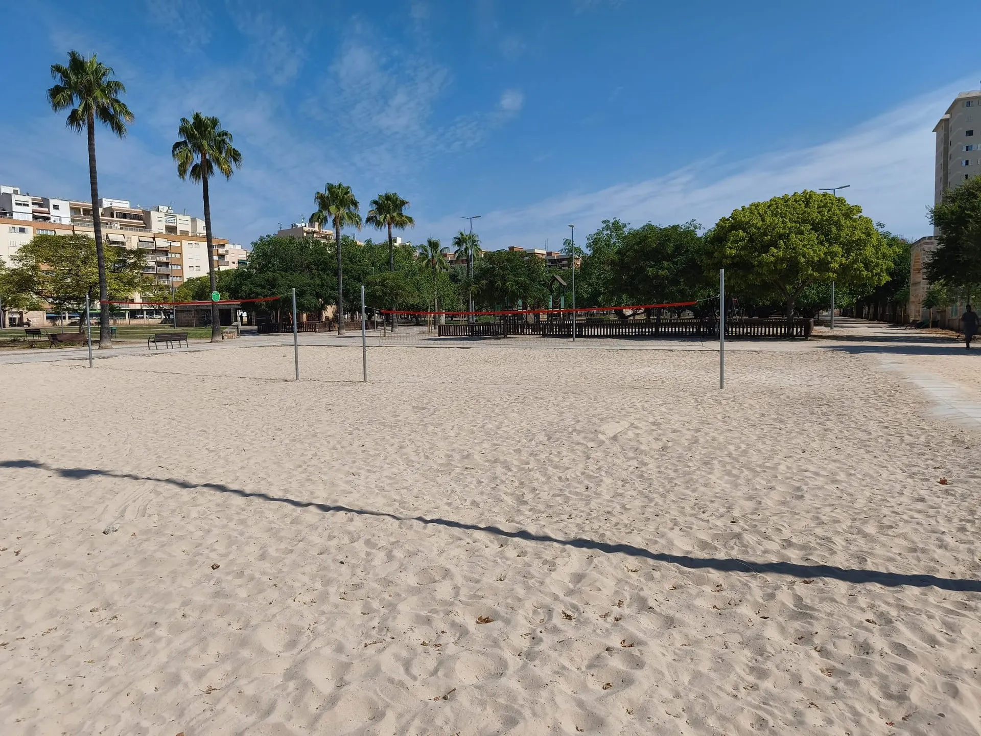 Pista de vóley playa con postes y red en un parque urbano con palmeras